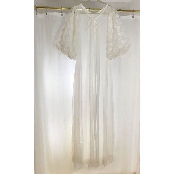 Vintage Jenelle M Tall White Negligee Peignor SET Sheer Chiffon Floral Lace Puff - Picture 2 of 11